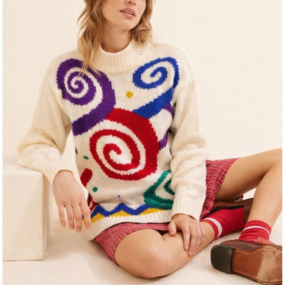 VTG CSL Graphic Knit Mock Neck Sweater S Colorful Swirl 80s Hong Kong Statement